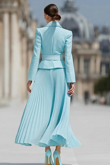 Light Blue Pleated A-Line Notched Lapel 2 Piece Work Dress With Belt
